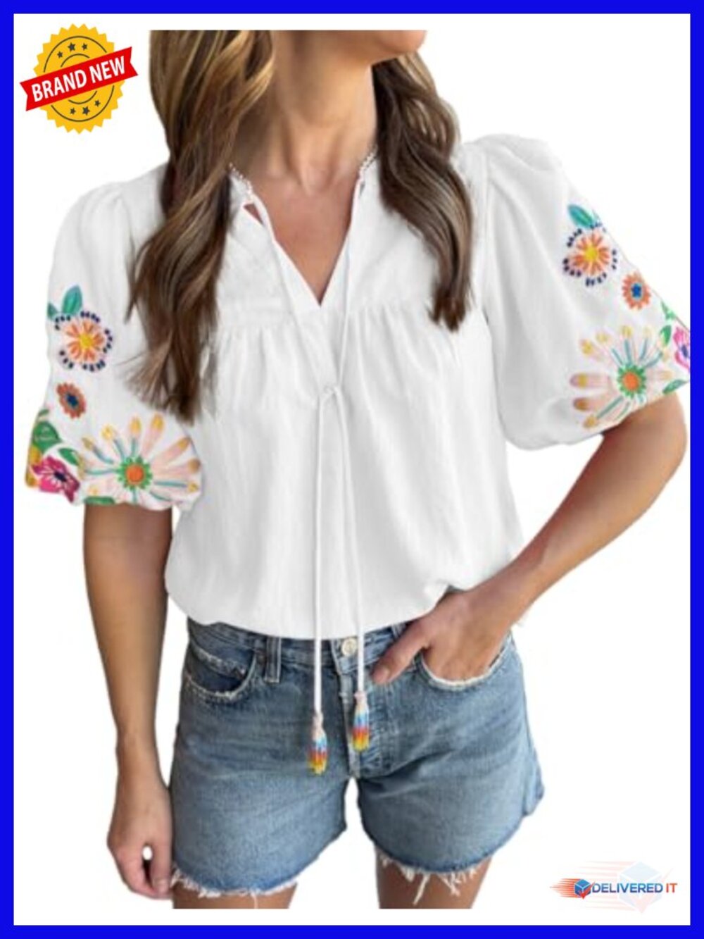 Boho Embroidered V Neck Blouse Floral Puff Sleeve Tunic